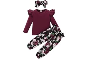 YALLET 3Pcs Toddler Girl Clothes Solid Color Long Sleeves Ruffle Top+Floral Pants+Headband 1-6 Years Fall/Winter Outfits Set