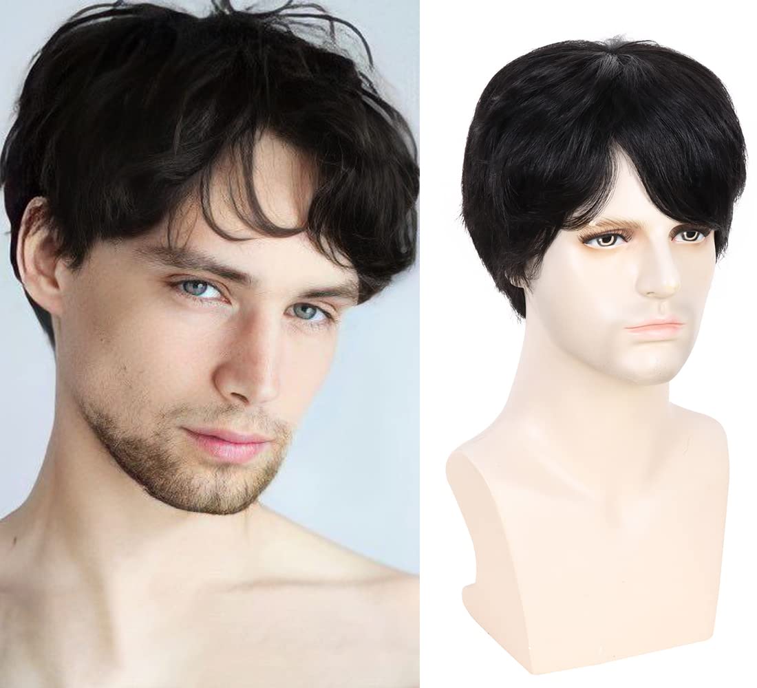 Becus Wigs for Men Short Black Male Guy Human Hair Wig Short Straight Mens Wigs with Bangs for Men Wigs Short Hair Daily Use (Natural Black #1B)
