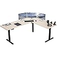 VIVO Electric Corner L-Shaped 75 x 63 inch Standing Desk, Height Adjustable, Memory Controller, Light Wood Top Black Frame, DESK-E3CTBC-75