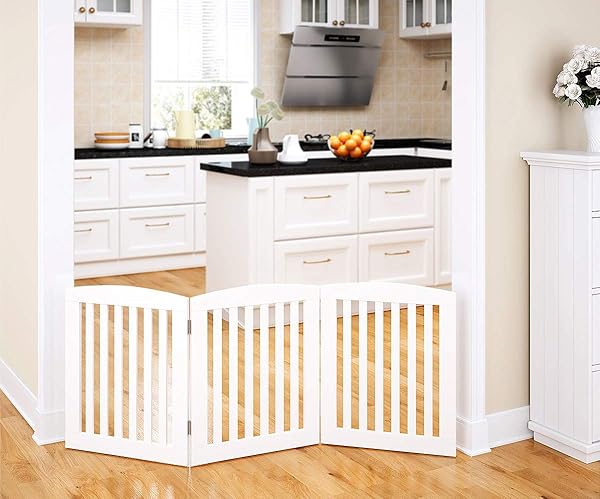 PAWLAND WOODEN FREESTANDING FOLDABLE PET GATE FOR DOGS, 24 INCH 3 PANELS STEP OVER FENCE, DOG GATE FOR THE HOUSE, DOORWAY, STAIRS, EXTRA WIDE (WHITE, 24″ HEIGHT-3 PANELS)