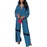 kaimimei Casual 2 Piece Outfit for Women - Linen Long Sleeve Button Down Shirt + Flare Pleated Wide Leg Pants Sets Streetwear