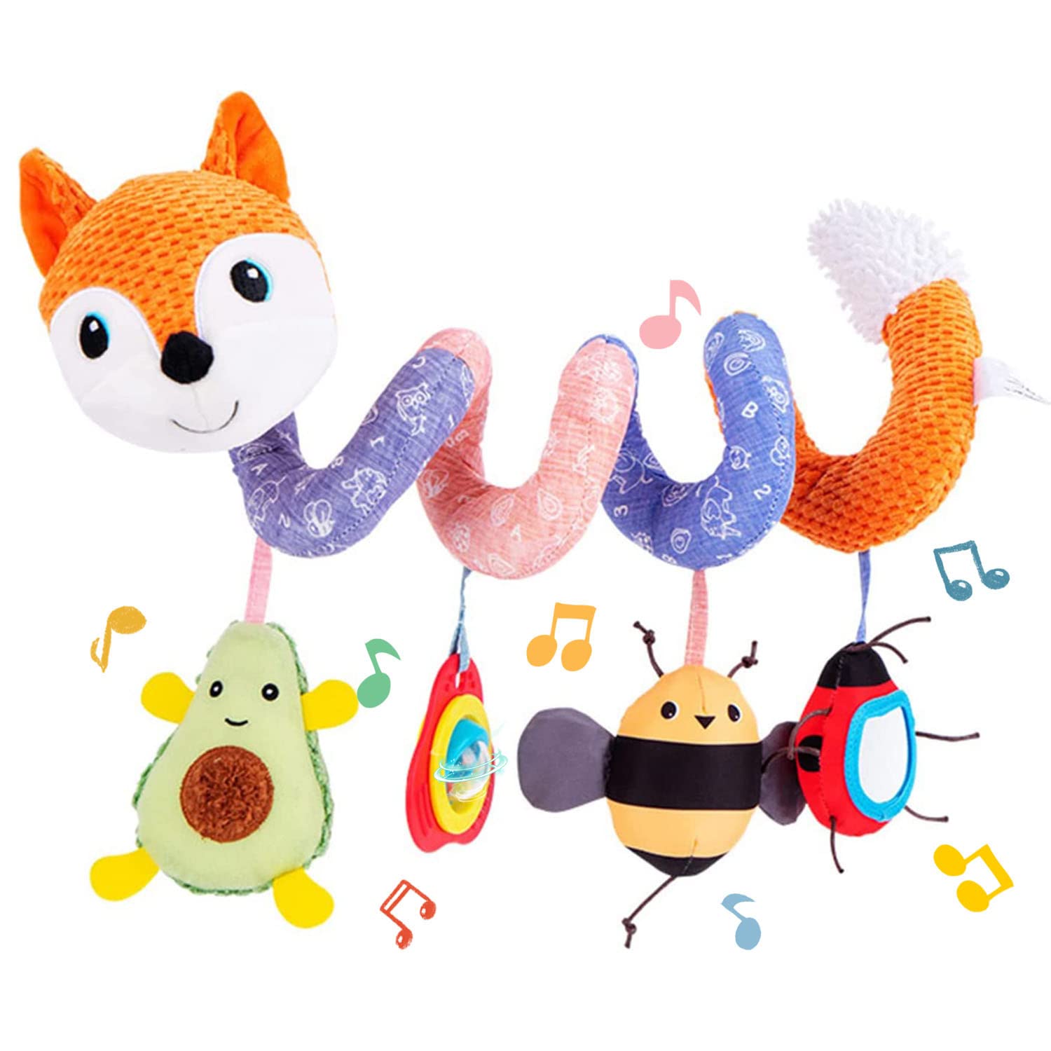 Koty Car Seat Toy Baby Spiral Plush Hanging Pram Bar Pram Crib with Music Box BB Squeaker and Rattles (Orange Fox)