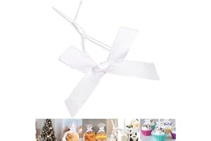 GUIFIER 50 Pieces White Bow Twist Ties for Bags, Satin Twist Tie Bows for Cake Pops, Twist Bows for Treats, Pre Tied Bows for Gifts Wrapping, Ribbon Bows, Pretied Bows Wrap Bows