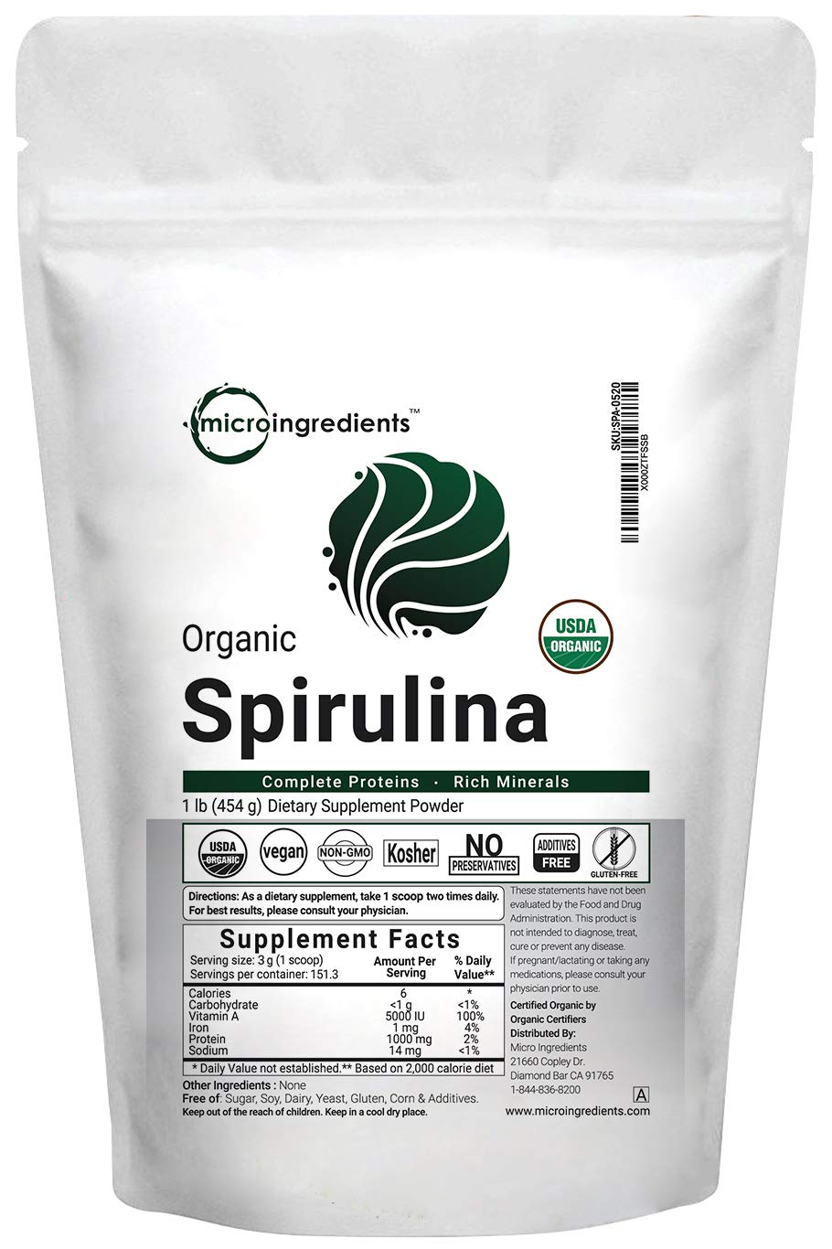 Micro Ingredients Pure Organic Spirulina Powder,1 Pound, Rich in