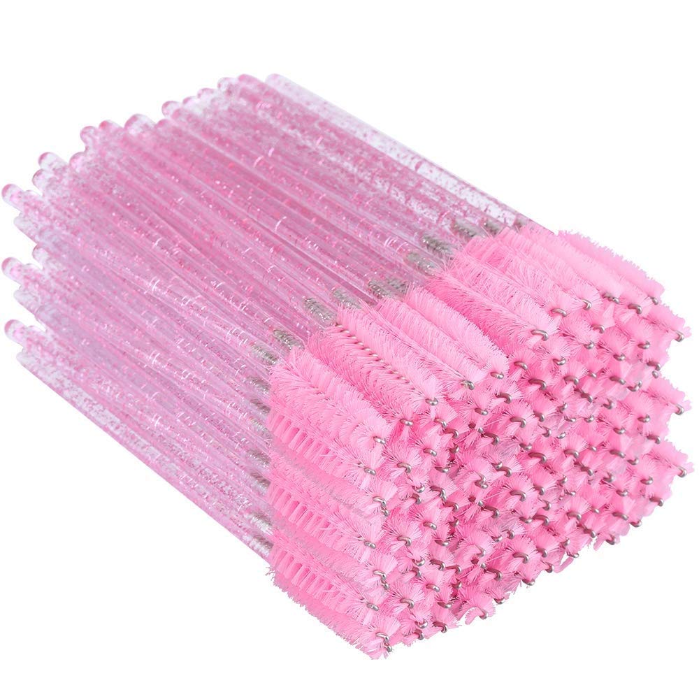 G2PLUS 300 PCS Disposable Eyelash Brushes - Pink Eyelash Spoolies & Crystal Mascara Wands - Extension Brush Applicator