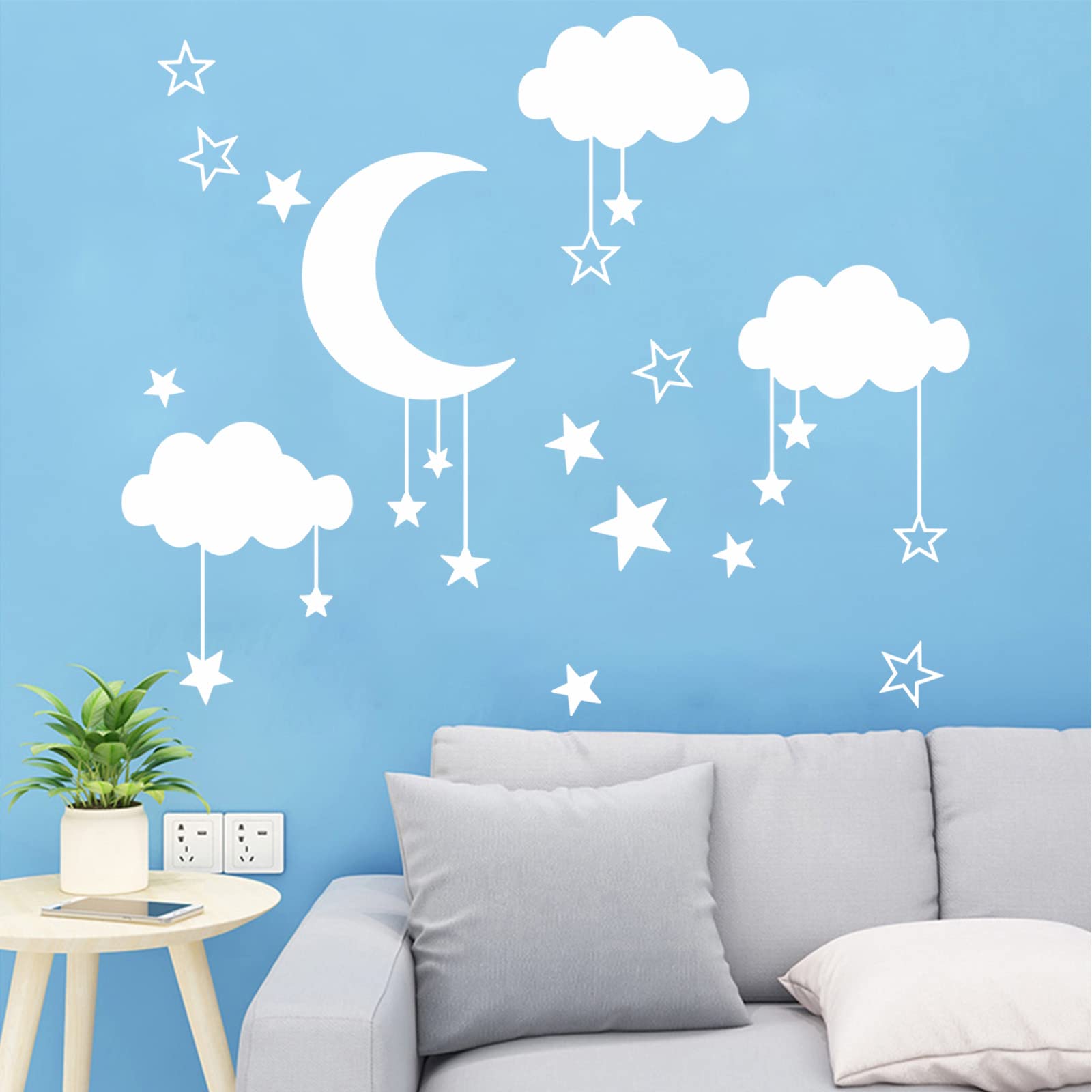 Quanyuchang Big Clouds Stars Wall Decals, Art DIY Good Night Nursery Decor Removable Clouds Moon Stars Wall Stickers for Kids Nursery Bedroom Mural Decoration