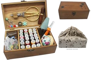 Tenvy Wooden Sewing Kit Box Basket with Compartment, Portable Stitching Repair Tool Kit Accessories Organizer, Wood Vintage S