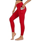 Uowou Thick High Waisted Leggings with Pockets for Women - Soft Tummy Control Yoga Pants for Workout Athletic Lounge Red