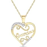 Round White Natural Diamond Accent Grandma Heart Pendant Necklace – 14K Gold Plated Sterling Silver with 18" Chain, Loving Family Jewelry Gift for Grandmother