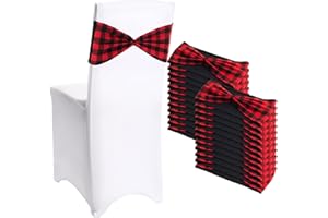 Newwiee 24 Pcs Christmas Burlap Stretch Chair Sashes Linen Spandex Chair Bands Ties Dining for Wedding Dining Banquet Event Party Favor Ceremony Decoration (Black and Red Checkered)