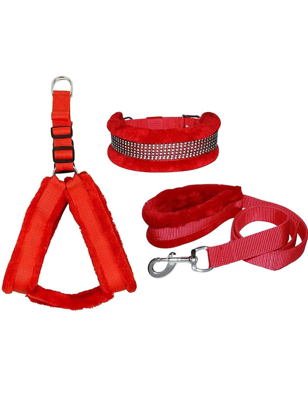 MJ Vision Nylon Fur Dog Harness, Dog Collar & Leash । Dog Belt Combo of 1.25 inch Red Feather Padded Dog Collar with Dog Leash Soft Handle Feather Padded Dog Collar & Leash