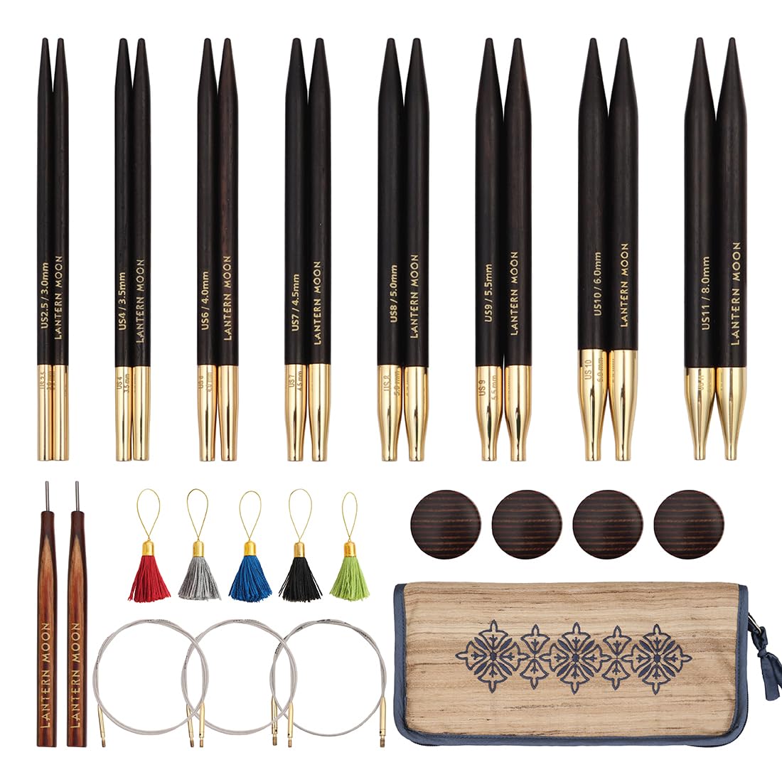 Lantern Moon Interchangeable Knitting Needles – 8 Pairs of 13cm 5” Tips – 3 Swivel Cords 60,80,100cm – End Caps, Stitch Markers - Khadi Silk Zippered Case - Sizes 3,3.5,4,4.5,5,5.5,6,8mm