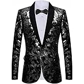 GONSIDA Men's Fashion Velvet Sequins Blazer Floral Pattern Party Prom Suit Jacket