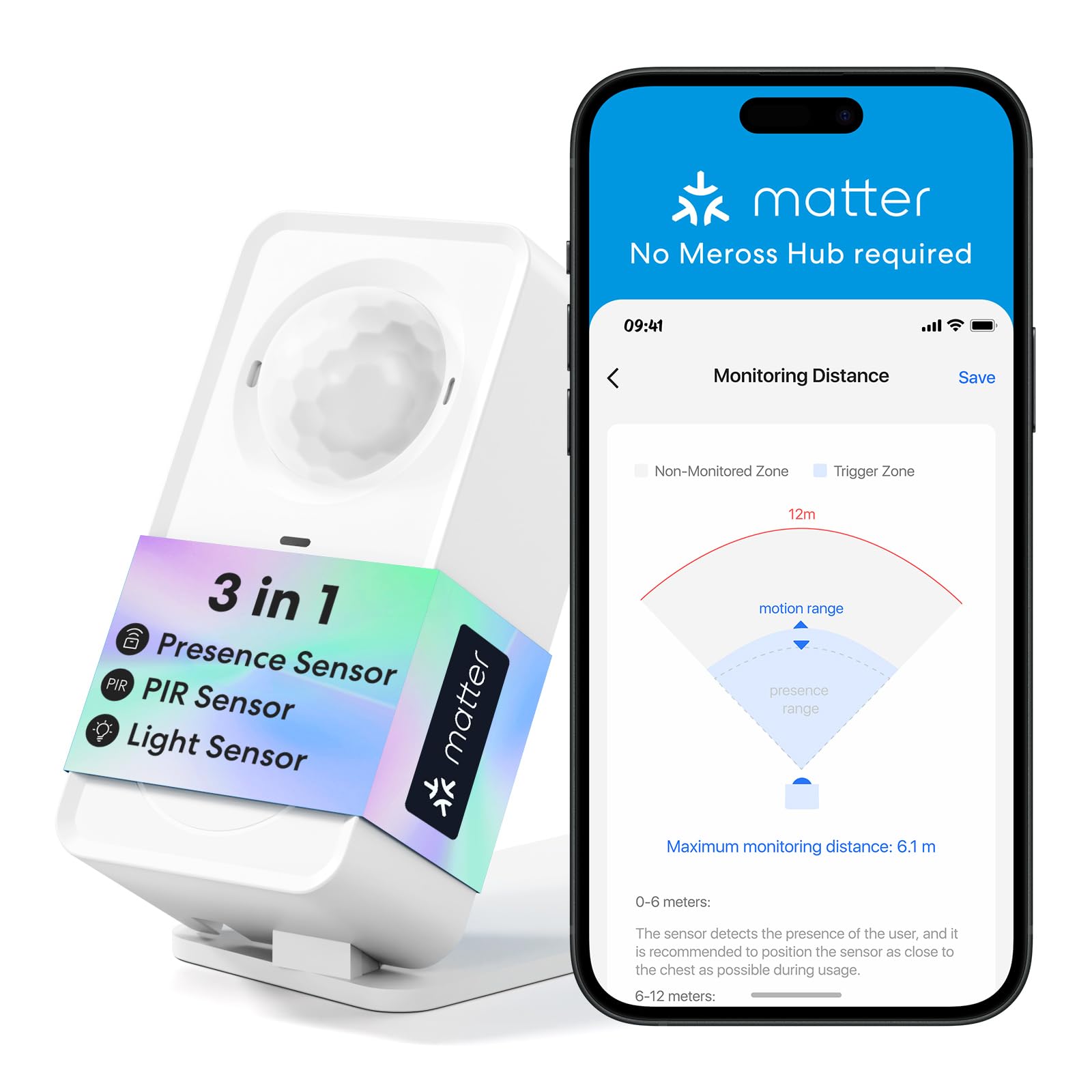 Photo 1 of meross Matter Human Presence Sensor, 3-in-1 mmWave Radar & PIR & Light Motion Sensor, AI Motion Detector for Smart Home Automation and Security, Supports HomeKit, Alexa, Google Home, 2.4GHz Wi-Fi Only