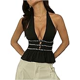 SHENHE Women's Rivet Backless Halter Tops Deep V Low Cut Rave Party Peplum Tank Top