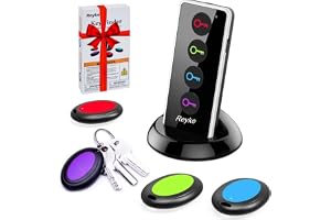 Reyke Key Finder, 80dB+ RF Item Locator Tags with 131ft. Working Range, Wireless Remote Tracker for Wallet, Phone, Glasses, Pet, 1 RF Transmitter & 4 Receivers