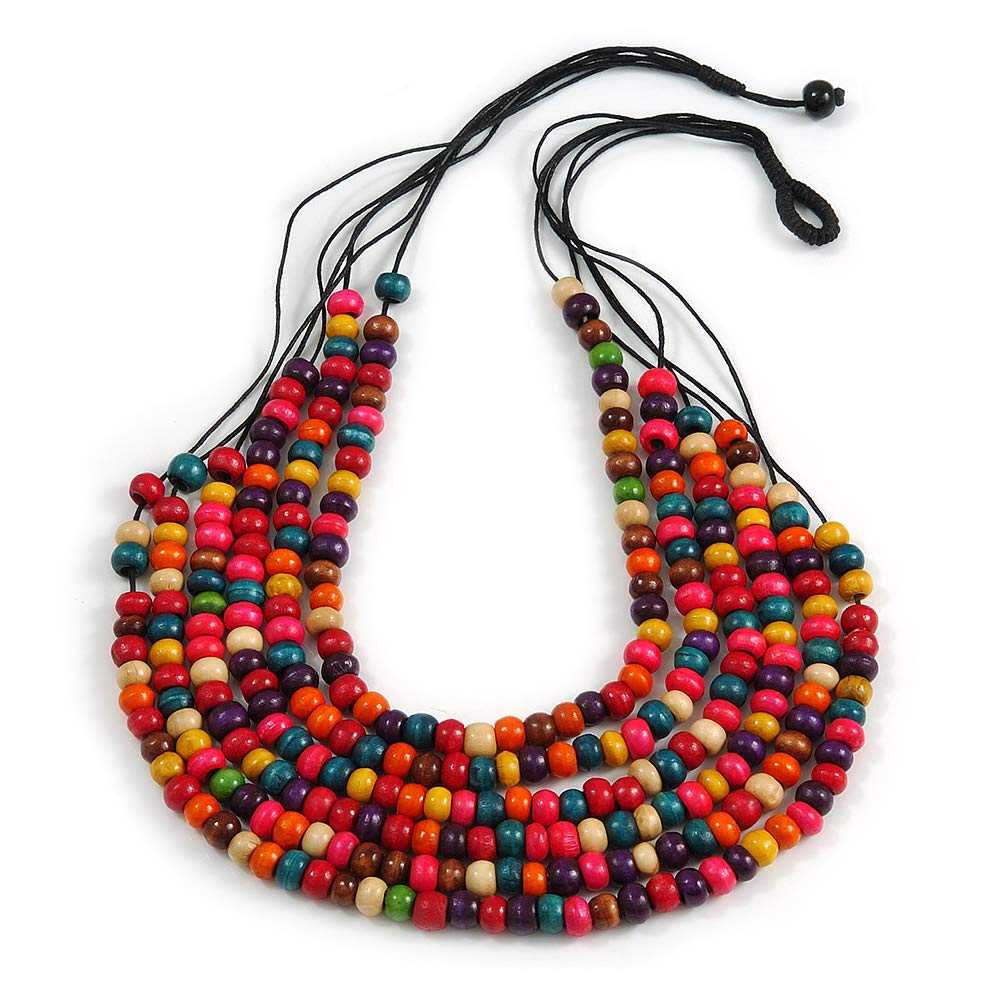 Avalaya Multistrand Layered Multicoloured Wood Bead Black Cotton Cord Necklace - 72cm Long