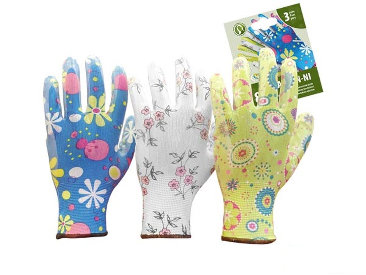3 Pairs of Colours Mix Protective Gloves, Coated with Nitrile, Gloves ® Car Decoration (Flowers Green 9/L)