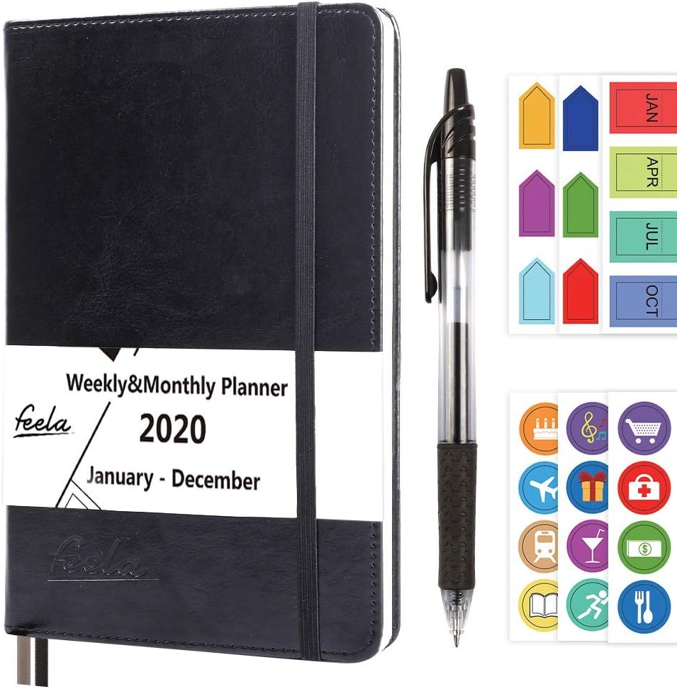 2020 Planner, 2020 Monthly & Weekly A5 Daily College Organizer Planner by Feela, Black Hardcover 176 Pages Day Agenda with 1 Black Pen 6 Sticker Sheets, Yearly Calendar Journal for Girls Adults