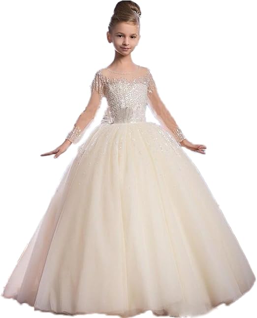 Madedress Madedress Luxurios Perlen Madchen Erstkommunion Kleid Tull Schier Lange Armel Prinzessin Kinder Rock Kleider Blumenmadchen Kleid Geburtstag Party Kleider Kleider Amazon De Bekleidung