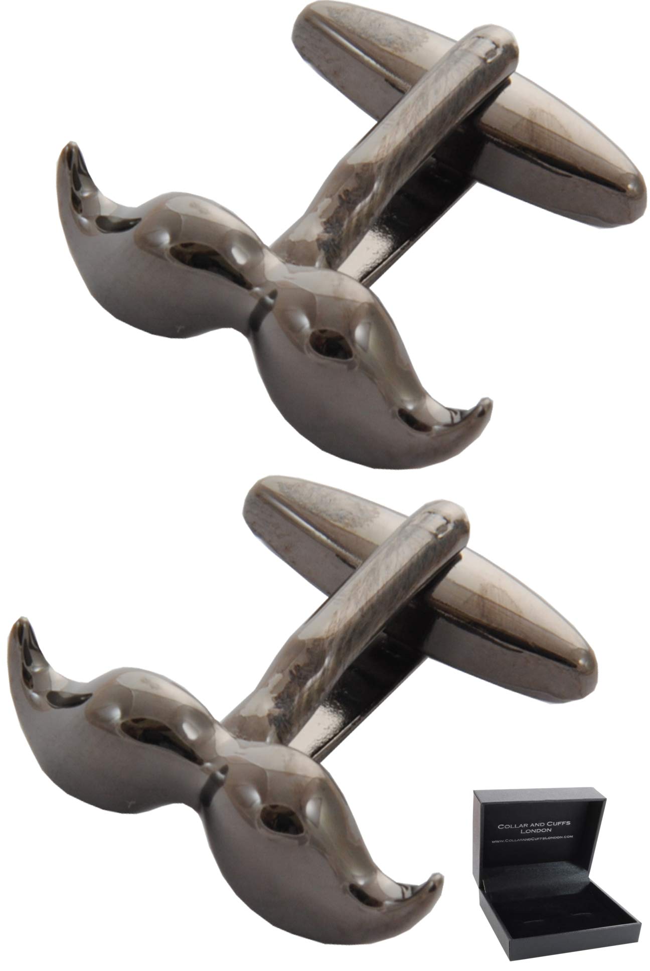 Cufflinks for Men + Presentation Box - Brown - Handlebar Moustache Beard Face Club Tache - Brass Metal - Bronze Colour - One Pair