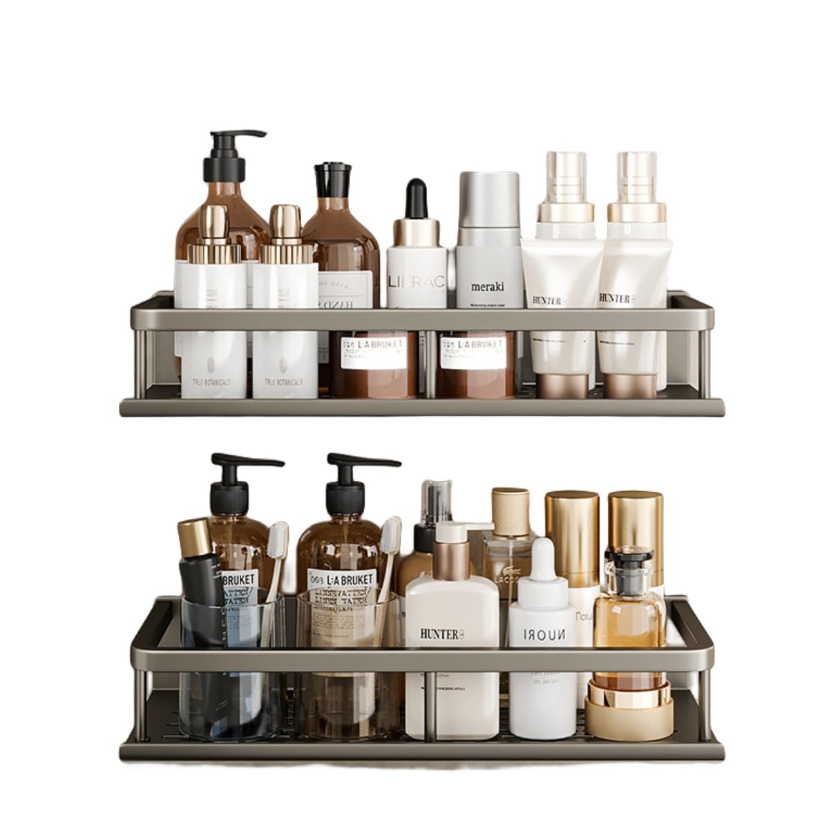 YWHWXB Stainless Steel Shower Caddy Organiser, Shower Shelf No Drilling, Wall Mounted Storage Rack for Bathroom, Bedroom, Living Room, Kitchen (Grey-2 pack)