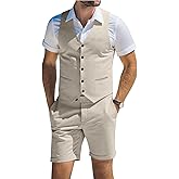 Men's Suit Linen 2 Piece Vests Short Pants Suits for Men Casual Summer Beach Groomsmen Wedding Waistcoat Set Outfit