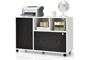 Giantex Mobile File Cabinet on Wheels - Lateral Filing Cabinet w/Drawer, Open Shelves, Single Door, Lockable Wheels, 40” Prin