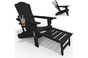 THOEOE Folding Adjustable Adirondack Chairs with Ottoman & 1 Cup Holders, HDEP Multifunctional Adirondack Chair with Footrest,Black