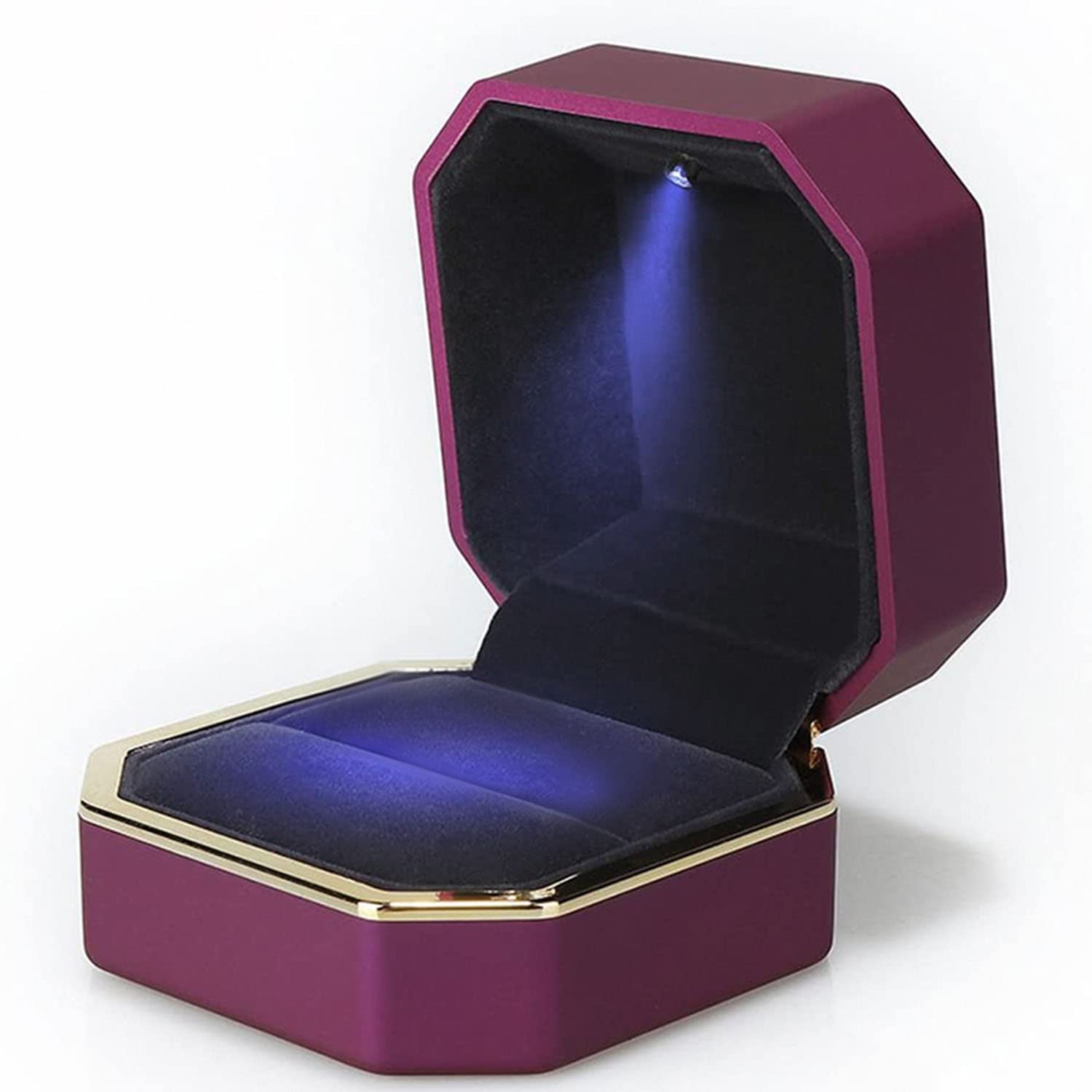 AVESON Luxury Ring Box, Square Velvet Wedding Ring Case Jewelry Gift Box with LED Light for Proposal Engagement Wedding, Purple