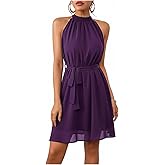 winkbay Women's Elegant Belted Halter Dress Summer Sleeveless A Line Flowy Evening Party Cocktail Dresses