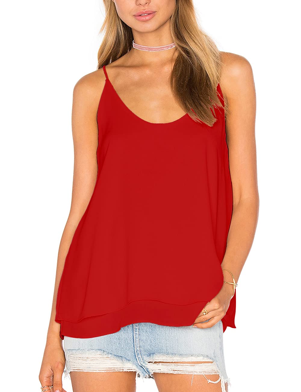 Womens Chiffon Cami Top Spaghetti Strap Flowy Camisole V Neck Layered  Sleeveless Tank Tops C2714