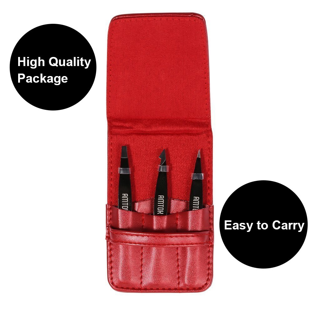 AMTOK Eyebrows Tweezers Kit Professional Plucking Tools Kit Stainless Steel,Flat,Slant and Pointed Tip Tweezers (Black)