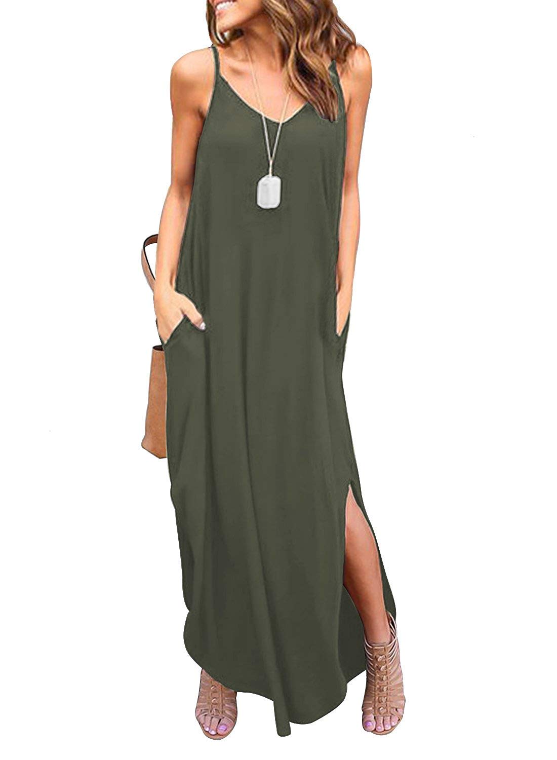 HUSKARY Women's Summer Casual Sleeveless V Neck Strappy Split Loose Dress Beach Cover Up Long Cami Maxi Dresses with Pocket