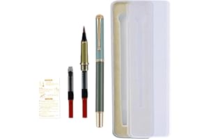 Huakaile Portable Pocket Metal Fountain Brush Pen with Case, Refillable Flexible Brush Tip Calligraphy Pen for Writing Lettering Illustration Art (1 Green Pen, 1 Pen Tip, 3 Ink Converters)