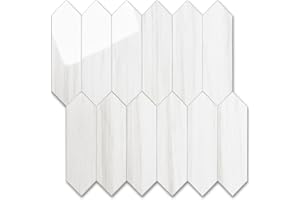 Vamos Tile 1 Sheet Glossy Dolomite White Backsplash Tile Peel and Stick, 12.8 x 12.8 Inch Long Hexagon PVC Self Adhesive Mosaic Wall Tiles Stick on Backsplash for Kitchen and Bathroom