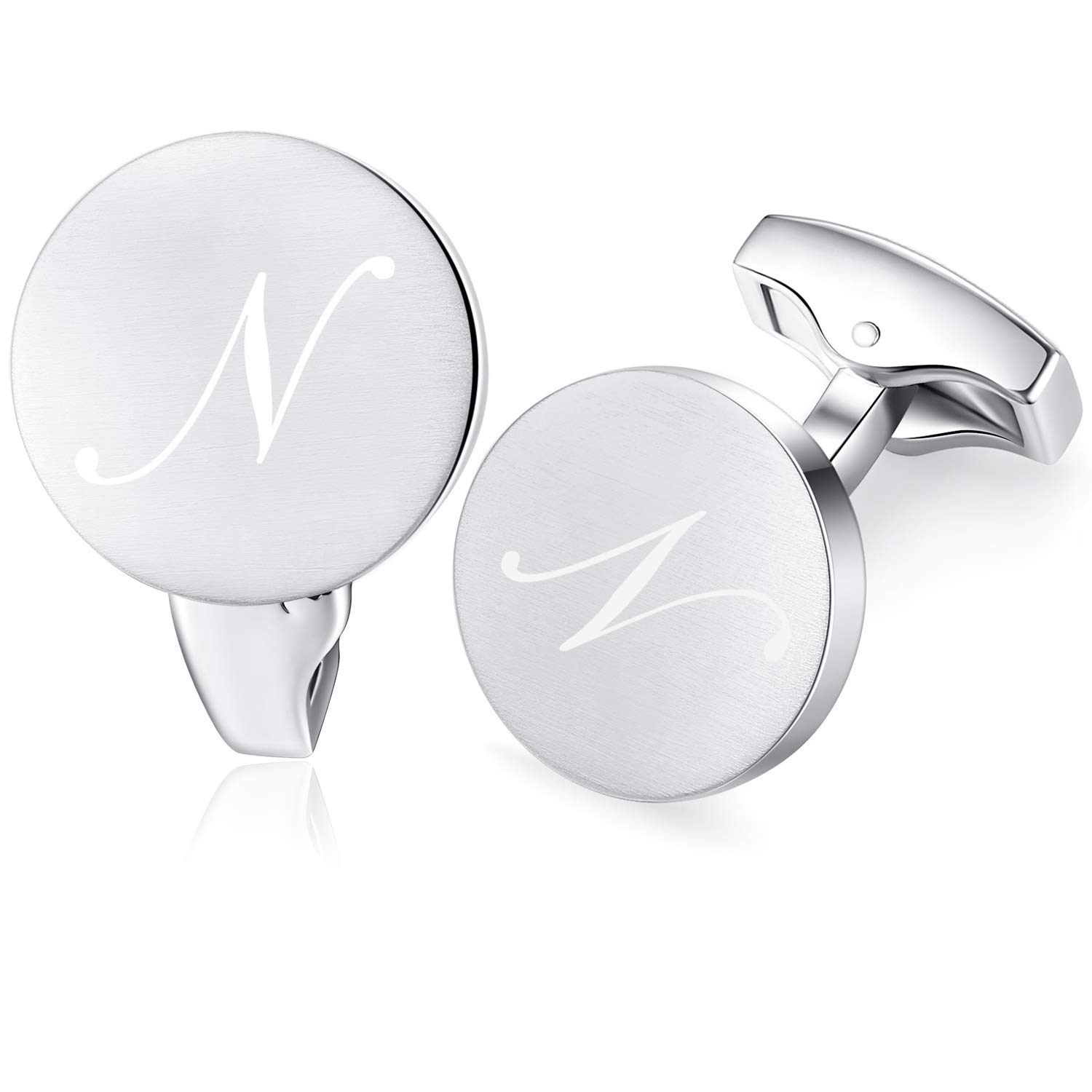 Honey Bear Initial Alphabet Letter Cufflinks for Men, Silver Round Shape Stainless Steel Wedding Business Gifts A - Z (N)