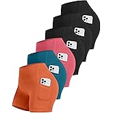 CHRLEISURE 6 Packs Womens Biker Shorts with Pocket, 5 Inch High Waisted Tummy Control Spandex Yoga Workout Shorts