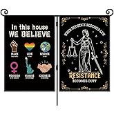 JMYROG In This House We Believe Fight Against Unfairness With The Law Garden Flag, Double Sided Yard Outdoor Farmhouse Lawn Porch Banner, LGBTQ BLM Ally Empowerment Gifts for Woman Family Friend BFF