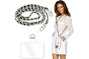 Turkalla Phone Crossbody Chain Cell Phone Lanyard,Leather+Metal Shouder Strap Universal Abjustable Phone Chain Strap with Cellphone Tether Patches Compatible with Most Phones Bag Purse Silver+Black