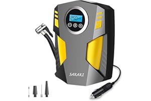 SAKAKI Tire Inflator Portable Air Compressor Car Tire Pump with 3 Nozzle Adaptors and Digital LED Light DC 12V Electric Car Air Pump for Car Tires and Other Inflatables Yellow