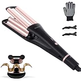 4 in 1 Crimper Hair Tool - Adjustable Hair Waver for 4 Wavy Styles | Beach Waves Curling Iron with 3 Ceramic Barrels, 4 Temperatures, Dual Voltage, for Women (Gold)