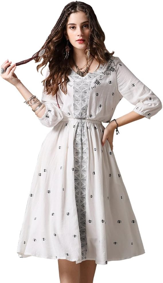 Amazon Thirteen One レディース ロング丈 ワンピース ゆったり エスニック ファッション 向け 着痩せ 半袖 綿 ワンピース チュニック 通販