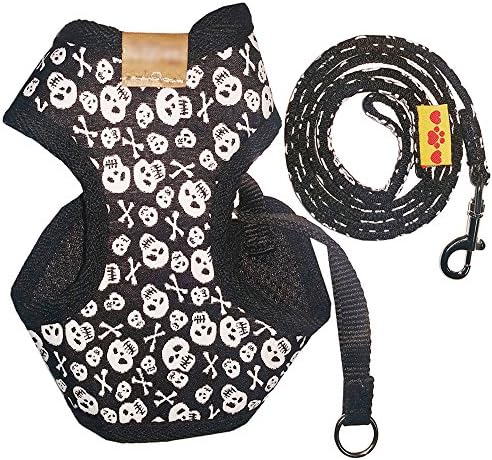 BWSC Dog Harness And Long Lead Set Skull For Chihuahua Doggie Puppy Black Colour (XS)