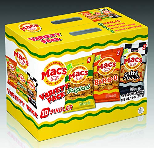 Mac's Snacks Traditional Variety Pack - Comes With 4 Original, 3 Bar B Q, & 3 Salt & Pepper - Crunchy Low Carb Chicharrones / Pork Rinds Snack (1oz, 10 Pack)