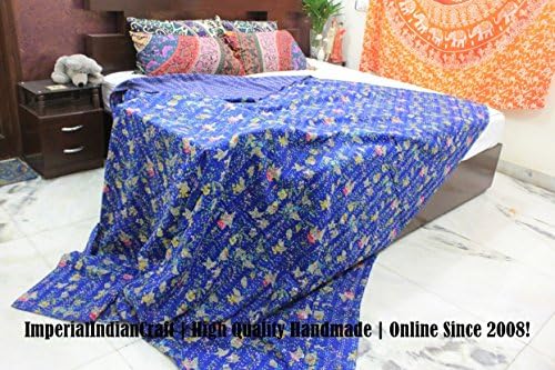 ImperialIndianCraft 100% Handmade Indian Kantha Quilt Blanket Comforter - Dark Blue Shade Leafy Floral Print Kantha, Bohemian, Mediterranean Bedding | 100% PREMIUM QUALITY | KING SIZE 11