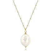 18k Gold Plated Chain Link Necklace for Women, Baroque Pearl/Compass Pendant Necklace