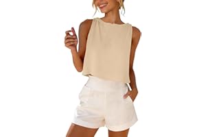 Linen Shirt Women Cropped Tank Top Relaxed Fit Boat Neck Sleeveless Shirt Casual Summer Beach Travel Lightweight Basic Top