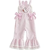 Adobabirl Toddler Baby Girl Easter Outfit Overalls Easter Eggs Bunny Embroidery Romper Flare Pants Bell Bottom Jumpsuit