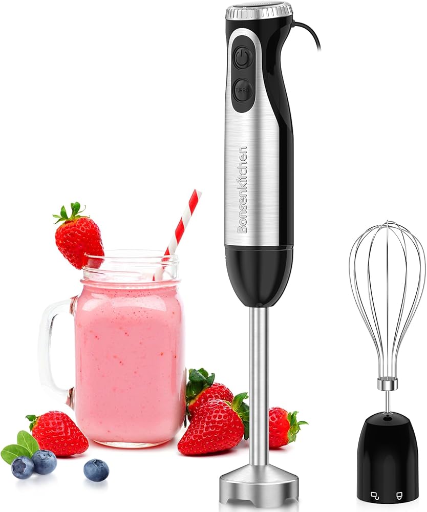 Bonsenkitchen Immersion Handheld Blender with Whisk, 20-Speed &amp; Turbo Mode Hand Blender Stick 500W, 304 Stainless Steel Hand